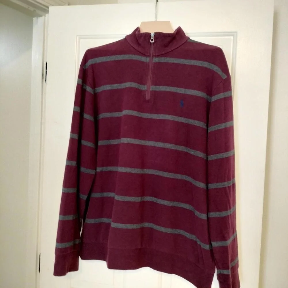 Polo Ralph Lauren Mens 1/4 Zip Sweater Long Sleeve Maroon Red Gray Striped XL
